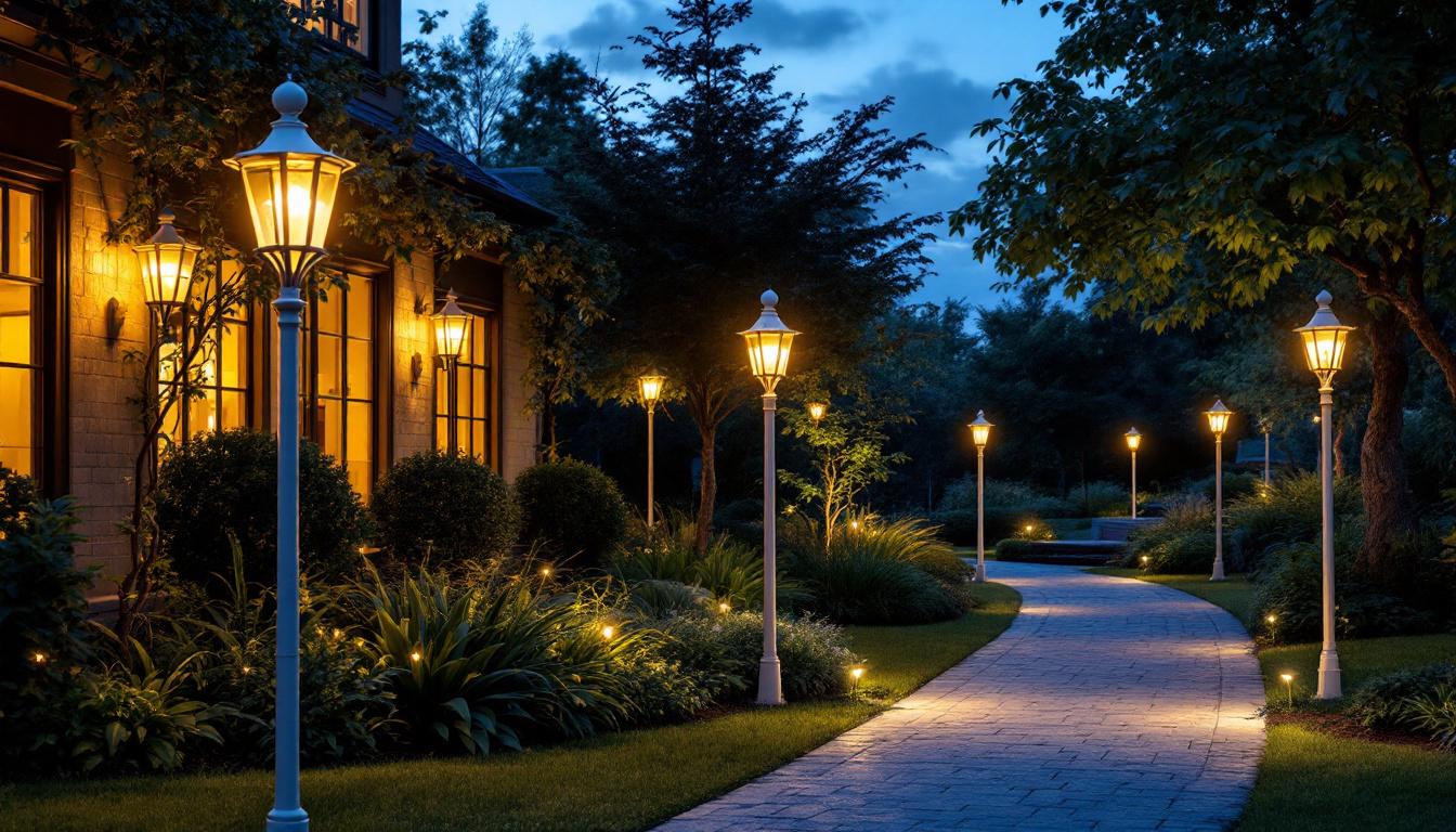 A photograph of a beautifully illuminated outdoor space featuring white post lights