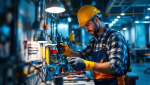 A photograph of a skilled lighting contractor working on a modern electrical supply installation