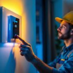 A photograph of a lighting contractor installing a wall switch timer in a modern home setting