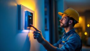 A photograph of a lighting contractor installing a wall switch timer in a modern home setting