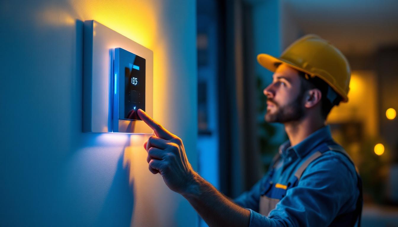 A photograph of a lighting contractor installing a wall switch timer in a modern home setting