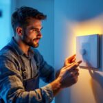 A photograph of a skilled lighting contractor installing a modern led dimmer switch in a stylish home setting