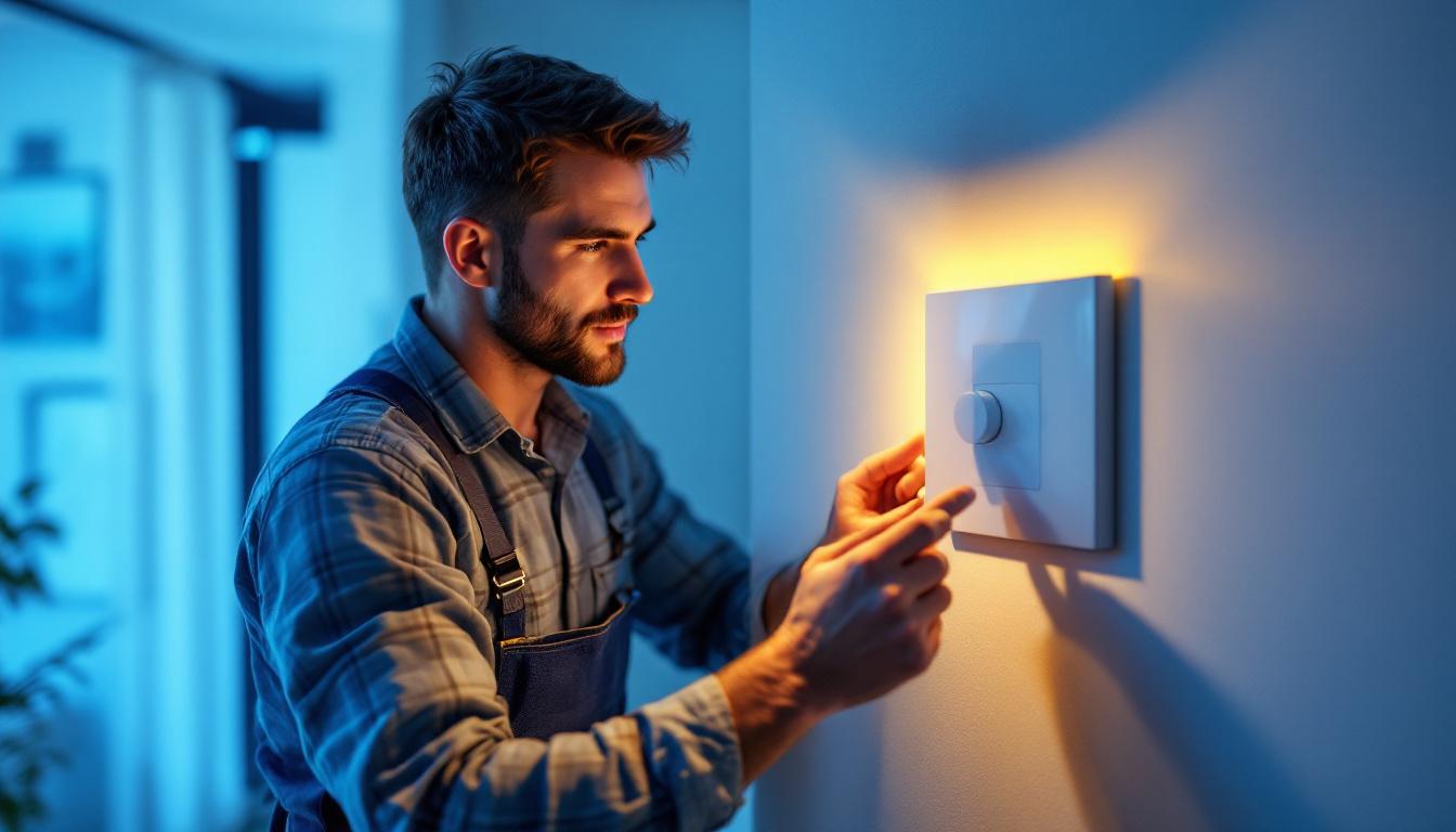 A photograph of a skilled lighting contractor installing a modern led dimmer switch in a stylish home setting