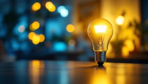 A photograph of a sleek and modern plc light bulb illuminated in a stylish setting