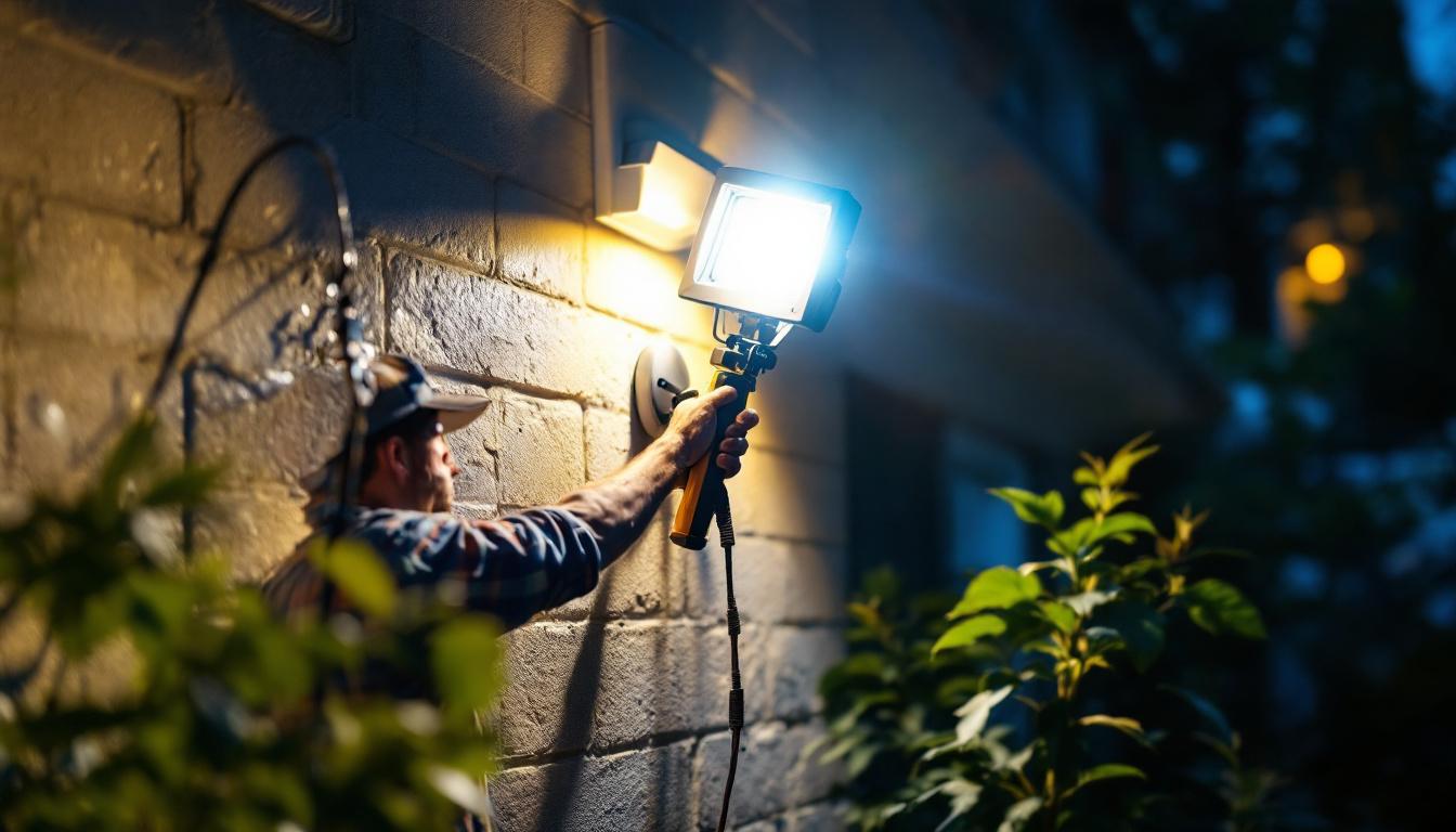 A photograph of a lighting contractor expertly installing floodlight leds in a residential or commercial setting