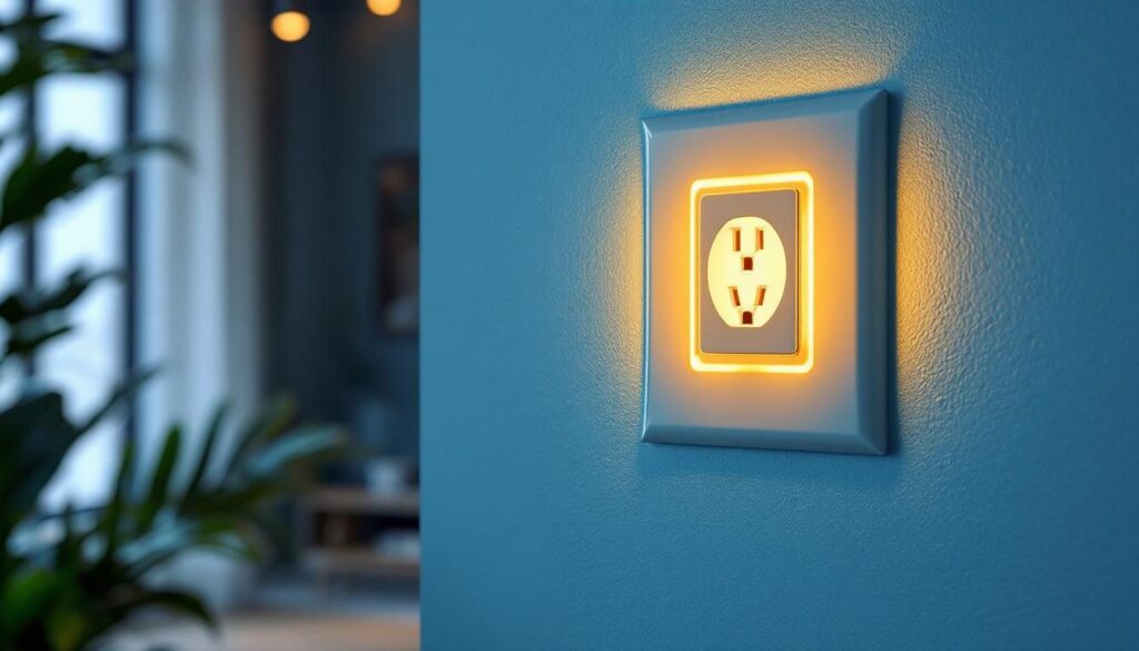 A photograph of a well-lit electrical outlet installed in a stylish