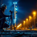 A photograph of a lighting contractor working on a job site