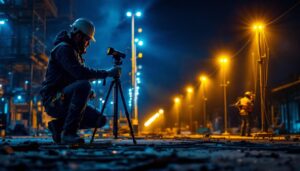 A photograph of a lighting contractor working on a job site