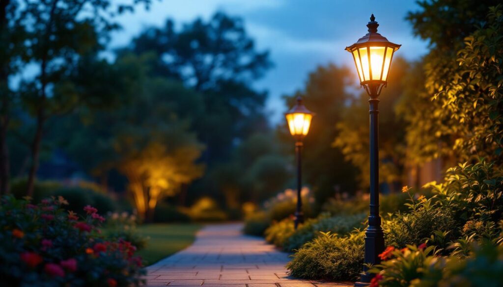 A photograph of a beautifully designed electric outdoor light post illuminated at dusk