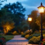 A photograph of a beautifully designed electric outdoor light post illuminated at dusk