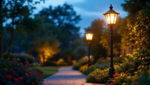 A photograph of a beautifully designed electric outdoor light post illuminated at dusk