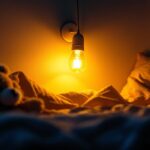 A photograph of a softly lit indoor space featuring a low brightness light bulb illuminating a cozy area