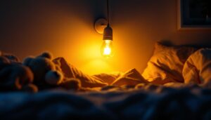 A photograph of a softly lit indoor space featuring a low brightness light bulb illuminating a cozy area