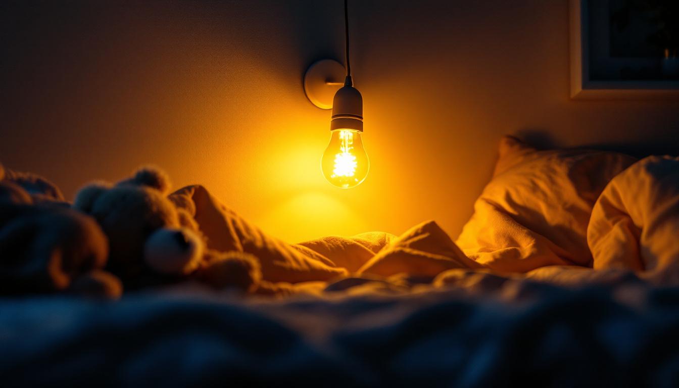 A photograph of a softly lit indoor space featuring a low brightness light bulb illuminating a cozy area