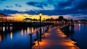 A photograph of a well-lit dock at twilight