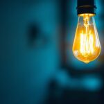 A photograph of a close-up of a flickering light bulb in a dimly lit room