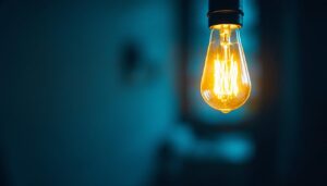 A photograph of a close-up of a flickering light bulb in a dimly lit room