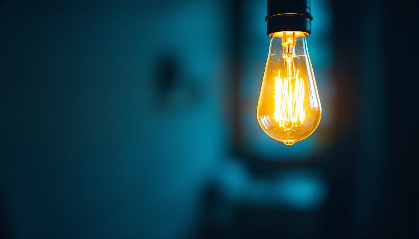 A photograph of a close-up of a flickering light bulb in a dimly lit room
