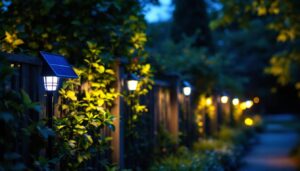A photograph of a beautifully illuminated garden fence at dusk