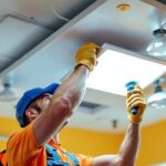 A photograph of a lighting contractor installing a panel in a drop ceiling