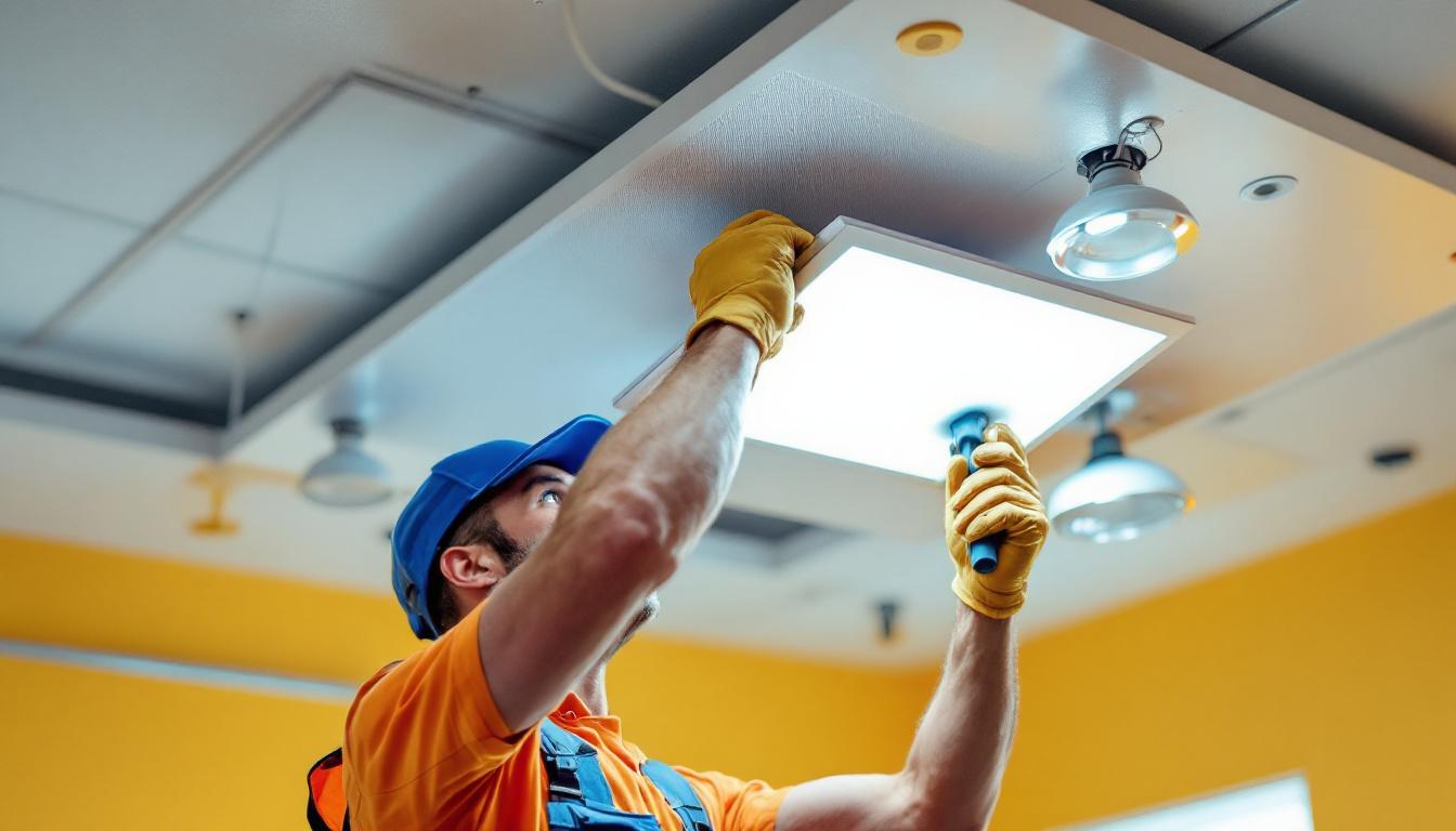 A photograph of a lighting contractor installing a panel in a drop ceiling