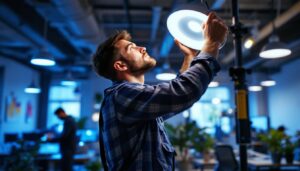 A photograph of a lighting contractor skillfully installing or adjusting hid lighting fixtures in a modern workspace