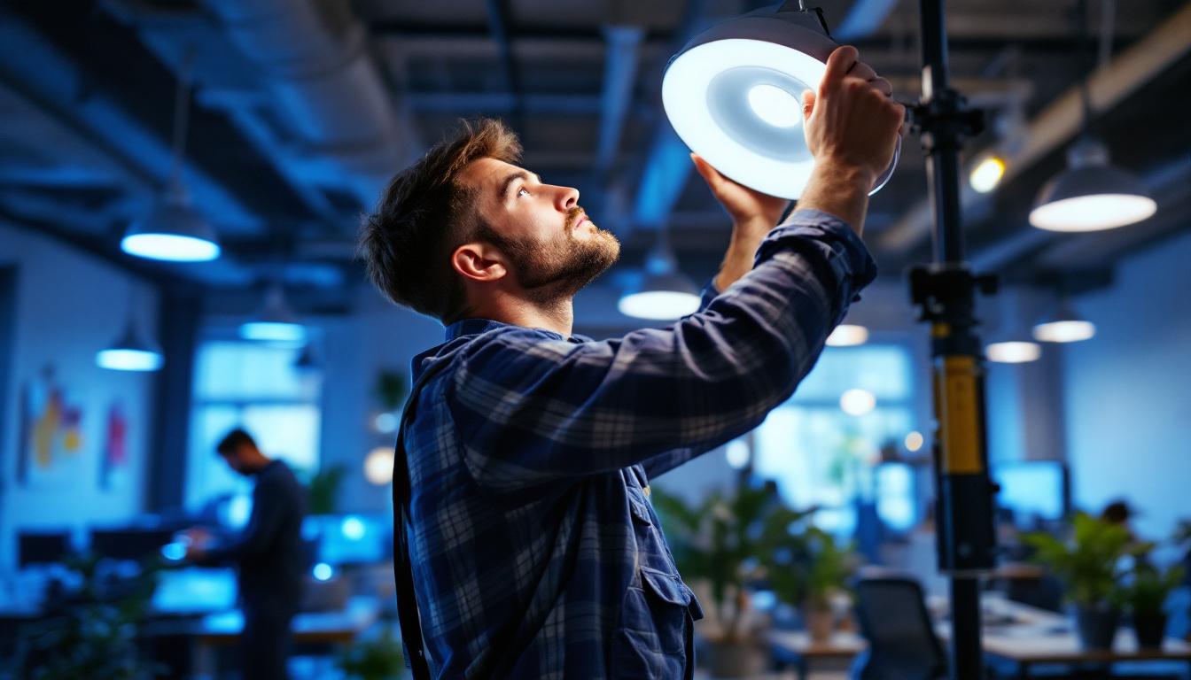 A photograph of a lighting contractor skillfully installing or adjusting hid lighting fixtures in a modern workspace