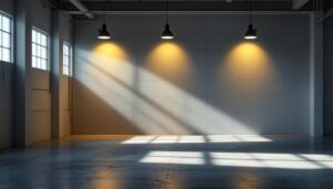 A photograph of a well-lit warehouse interior showcasing contrasting areas of light and shadow