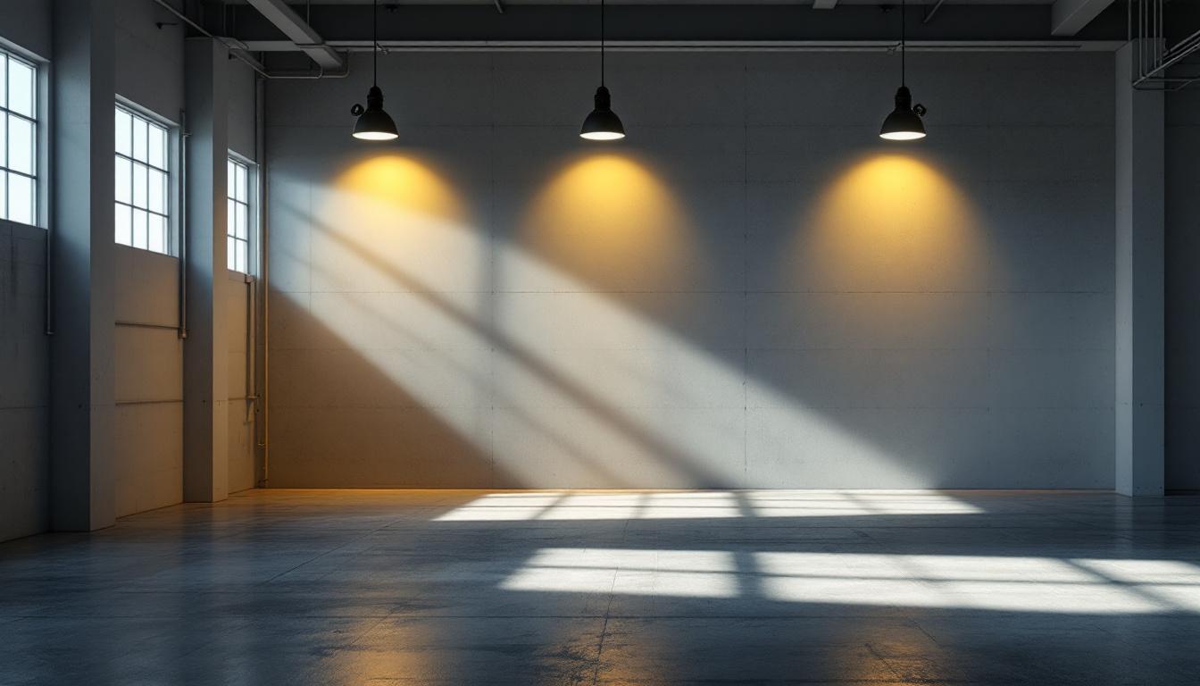 A photograph of a well-lit warehouse interior showcasing contrasting areas of light and shadow