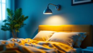 A photograph of a sleek and modern bed light fixture installed in a cozy bedroom setting
