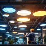 A photograph of a well-lit workspace featuring a variety of stylish ceiling led lights installed in a modern setting