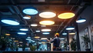 A photograph of a well-lit workspace featuring a variety of stylish ceiling led lights installed in a modern setting
