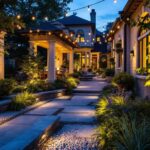 A photograph of a beautifully illuminated outdoor space featuring various types of lighting fixtures
