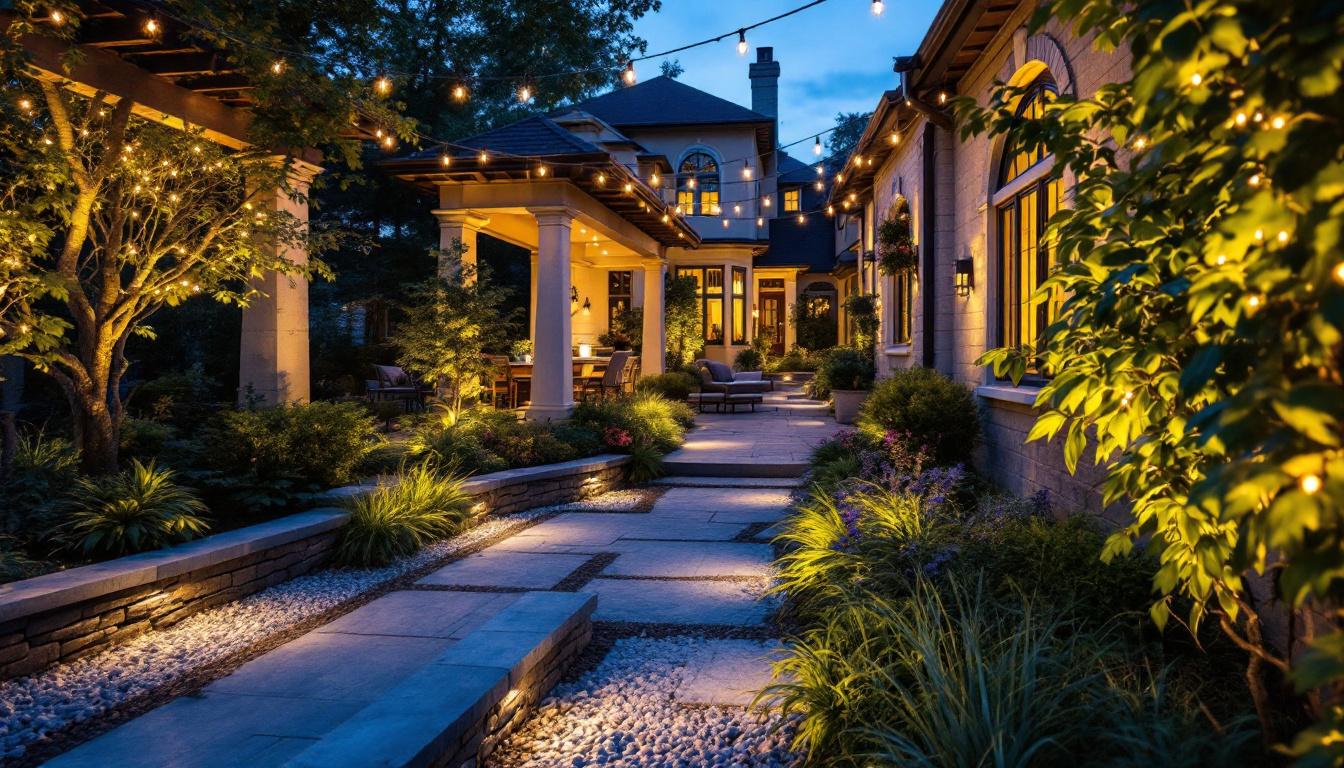 A photograph of a beautifully illuminated outdoor space featuring various types of lighting fixtures