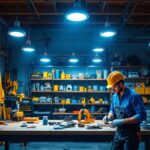 A photograph of a well-lit workshop or garage featuring multiple 48-inch led shop lights in use