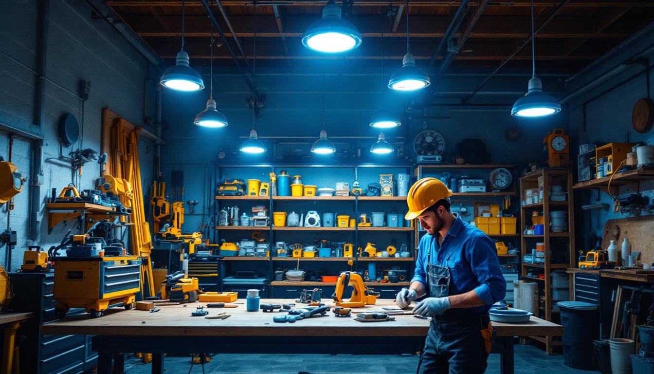 A photograph of a well-lit workshop or garage featuring multiple 48-inch led shop lights in use
