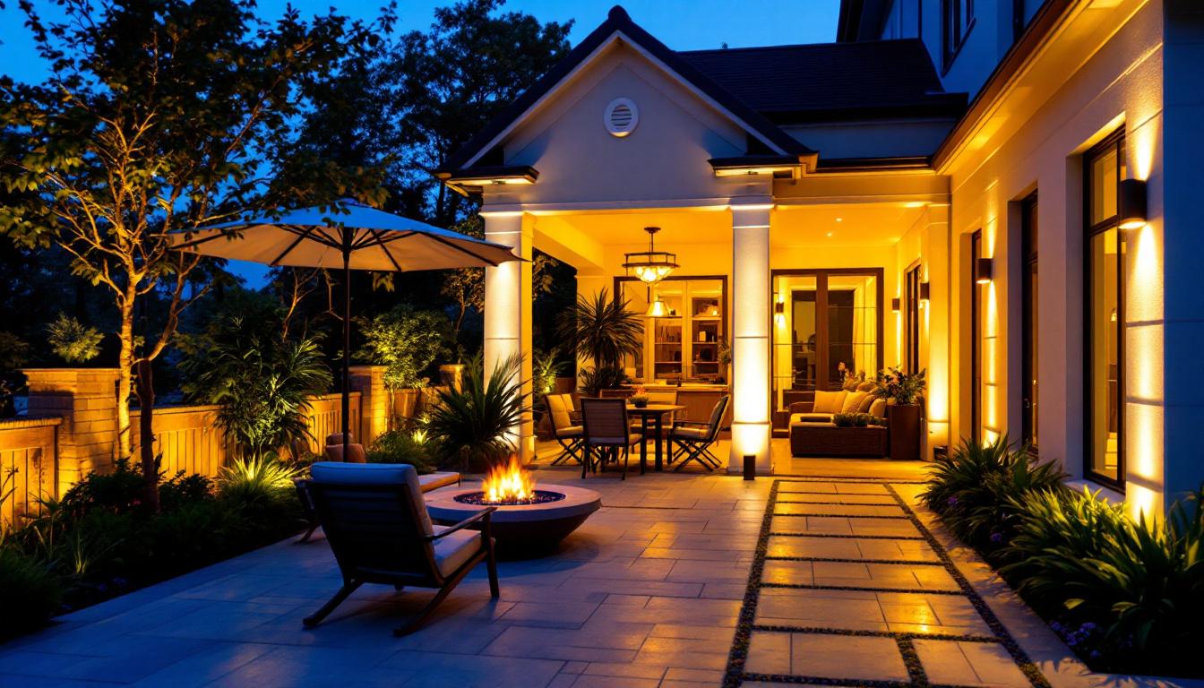 A photograph of a beautifully illuminated outdoor space featuring led exterior accent lighting