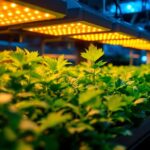 A photograph of a vibrant hydroponic setup featuring an array of led grow lights illuminating lush