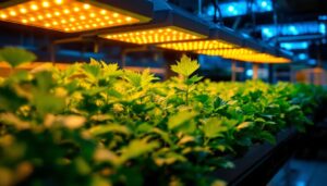A photograph of a vibrant hydroponic setup featuring an array of led grow lights illuminating lush