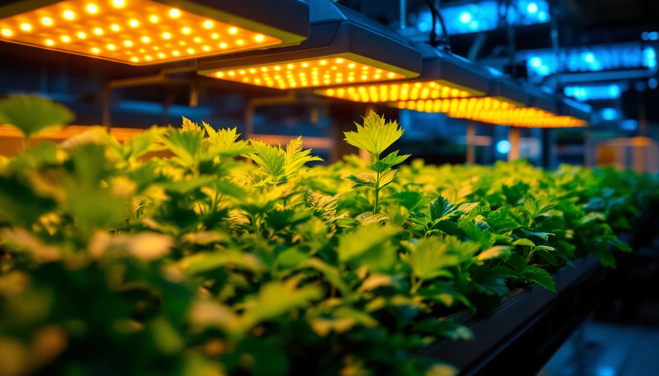 A photograph of a vibrant hydroponic setup featuring an array of led grow lights illuminating lush