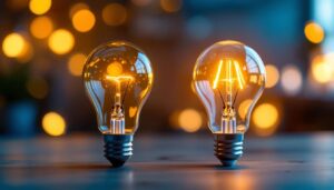 A photograph of a side-by-side comparison of a 100w incandescent bulb and an energy-efficient led bulb