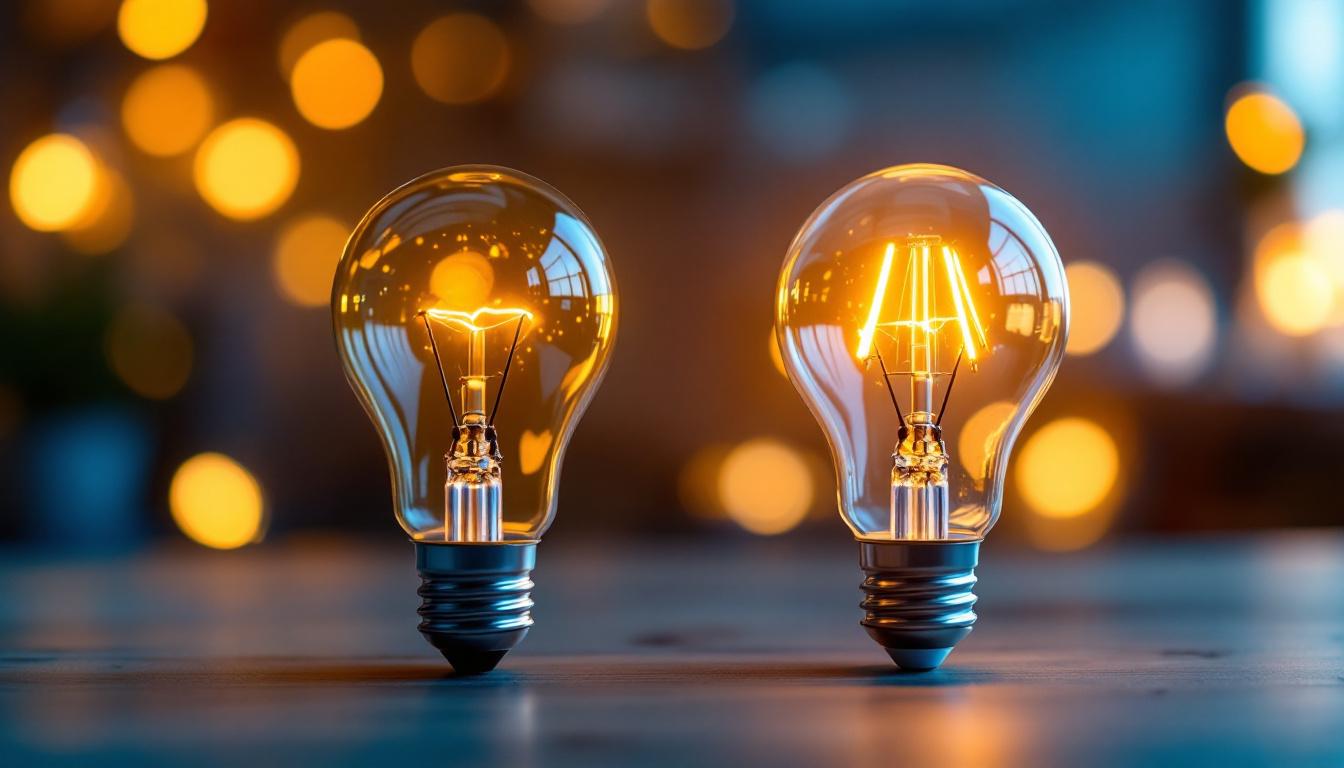 A photograph of a side-by-side comparison of a 100w incandescent bulb and an energy-efficient led bulb