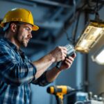 A photograph of a lighting contractor skillfully removing a ballast from an old fluorescent fixture
