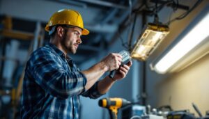 A photograph of a lighting contractor skillfully removing a ballast from an old fluorescent fixture
