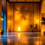 A photograph of a beautifully designed architectural space illuminated by a variety of stylish lighting fixtures