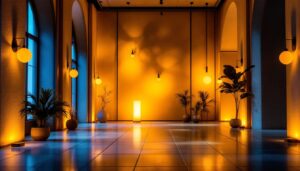 A photograph of a beautifully designed architectural space illuminated by a variety of stylish lighting fixtures