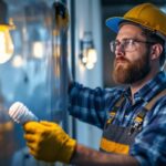 A photograph of a lighting contractor installing energy-efficient cfl bulbs in a well-lit commercial space