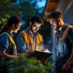 A photograph of a team of professionals engaged in a hands-on training session outdoors