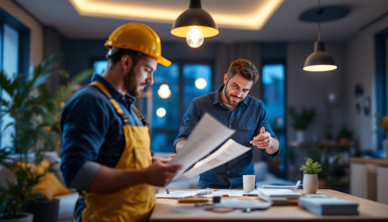 A photograph of a lighting contractor reviewing promotional materials and installing modern lighting fixtures in a stylish residential setting