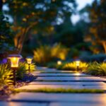 A photograph of a well-lit outdoor space featuring small led solar lights illuminating a pathway or garden area